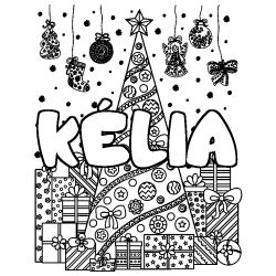 Coloriage pr&eacute;nom K&Eacute;LIA - d&eacute;cor Sapin et Cadeaux