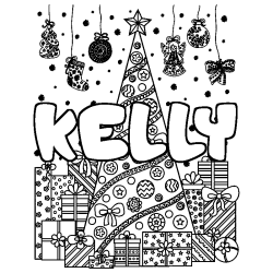 Coloriage prénom KELLY - décor Sapin et Cadeaux