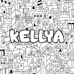 Coloriage pr&eacute;nom KELLYA - d&eacute;cor Ville