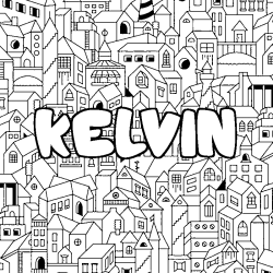 Coloriage pr&eacute;nom KELVIN - d&eacute;cor Ville