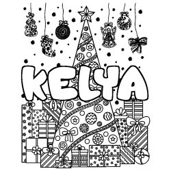 Coloriage prénom KELYA - décor Sapin et Cadeaux