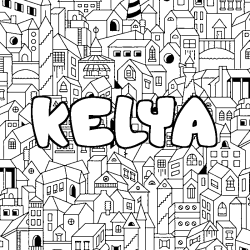 Coloriage pr&eacute;nom KELYA - d&eacute;cor Ville