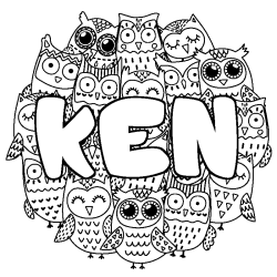 Coloriage prénom KEN - décor Chouettes