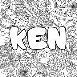Coloriage pr&eacute;nom KEN - d&eacute;cor Mandala fruits