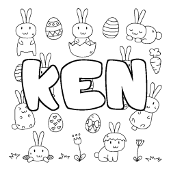 Coloriage prénom KEN - décor Paques