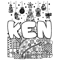 Coloriage prénom KEN - décor Sapin et Cadeaux