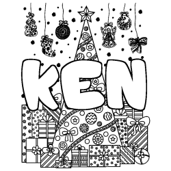 Coloriage pr&eacute;nom KEN - d&eacute;cor Sapin et Cadeaux