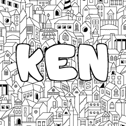 Coloriage pr&eacute;nom KEN - d&eacute;cor Ville