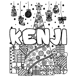 Coloriage pr&eacute;nom KENJI - d&eacute;cor Sapin et Cadeaux