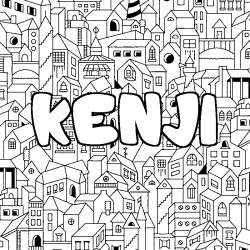 Coloriage pr&eacute;nom KENJI - d&eacute;cor Ville