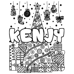 Coloriage prénom KENJY - décor Sapin et Cadeaux
