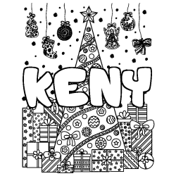 Coloriage prénom KENY - décor Sapin et Cadeaux