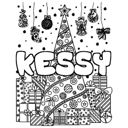 Coloriage prénom KESSY - décor Sapin et Cadeaux