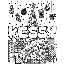 Coloriage pr&eacute;nom KESSY - d&eacute;cor Sapin et Cadeaux