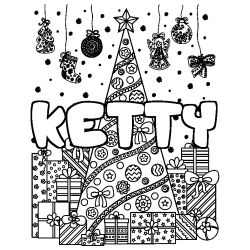 Coloriage pr&eacute;nom KETTY - d&eacute;cor Sapin et Cadeaux