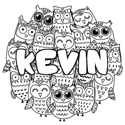 Coloriage pr&eacute;nom KEVIN - d&eacute;cor Chouettes
