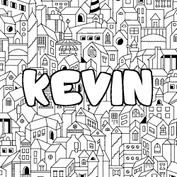 Coloriage prénom KEVIN - décor Ville