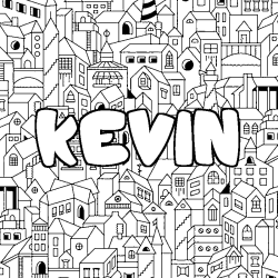 Coloriage pr&eacute;nom KEVIN - d&eacute;cor Ville