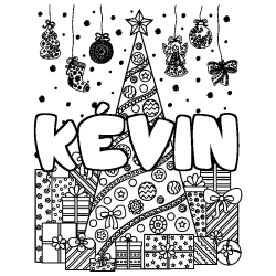 Coloriage pr&eacute;nom K&Eacute;VIN - d&eacute;cor Sapin et Cadeaux