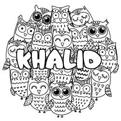 Coloriage prénom KHALID - décor Chouettes