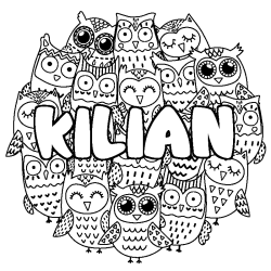 Coloriage pr&eacute;nom KILIAN - d&eacute;cor Chouettes