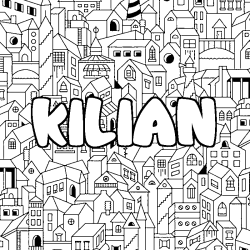 Coloriage pr&eacute;nom KILIAN - d&eacute;cor Ville