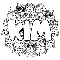 Coloriage pr&eacute;nom KIM - d&eacute;cor Chouettes