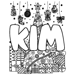 Coloriage pr&eacute;nom KIM - d&eacute;cor Sapin et Cadeaux
