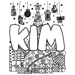 Coloriage prénom KIM - décor Sapin et Cadeaux