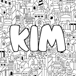 Coloriage pr&eacute;nom KIM - d&eacute;cor Ville