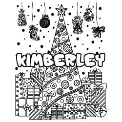 Coloriage prénom KIMBERLEY - décor Sapin et Cadeaux