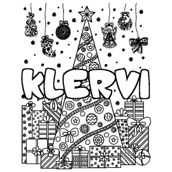 Coloriage prénom KLERVI - décor Sapin et Cadeaux