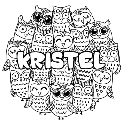 Coloriage pr&eacute;nom KRISTEL - d&eacute;cor Chouettes