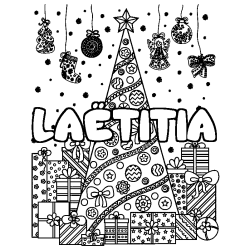Coloriage pr&eacute;nom LA&Euml;TITIA - d&eacute;cor Sapin et Cadeaux