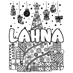 Coloriage prénom LAHNA - décor Sapin et Cadeaux
