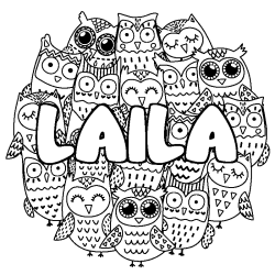 Coloriage pr&eacute;nom LAILA - d&eacute;cor Chouettes