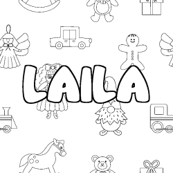 Coloriage prénom LAILA - décor Jouets