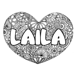 Coloriage prénom LAILA - décor Mandala coeur