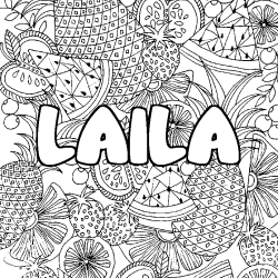 Coloriage pr&eacute;nom LAILA - d&eacute;cor Mandala fruits