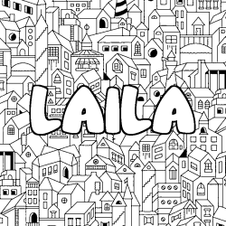 Coloriage pr&eacute;nom LAILA - d&eacute;cor Ville