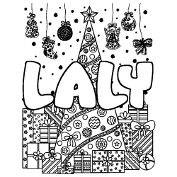 Coloriage prénom LALY - décor Sapin et Cadeaux