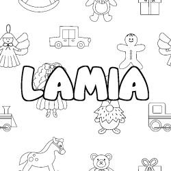Coloriage prénom LAMIA - décor Jouets