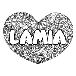 Coloriage prénom LAMIA - décor Mandala coeur