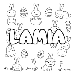 Coloriage prénom LAMIA - décor Paques