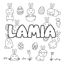 Coloriage pr&eacute;nom LAMIA - d&eacute;cor Paques