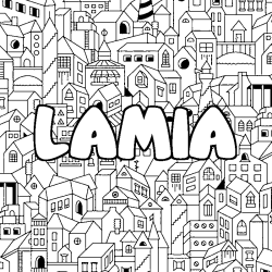 Coloriage prénom LAMIA - décor Ville