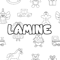 Coloriage pr&eacute;nom LAMINE - d&eacute;cor Jouets