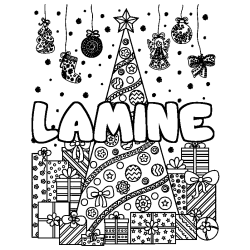 Coloriage pr&eacute;nom LAMINE - d&eacute;cor Sapin et Cadeaux