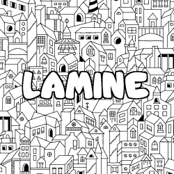 Coloriage pr&eacute;nom LAMINE - d&eacute;cor Ville