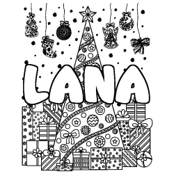Coloriage prénom LANA - décor Sapin et Cadeaux